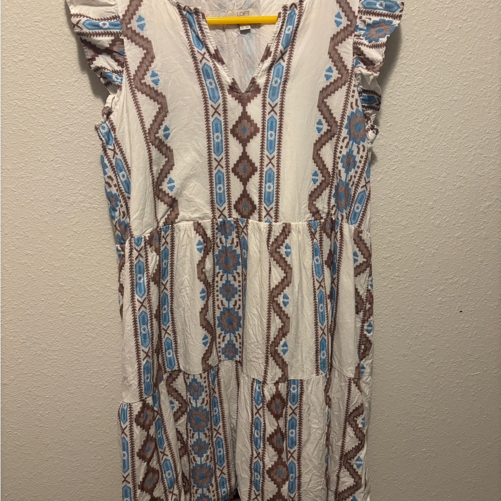 Loft Boho  White and Blue Patterned Dress